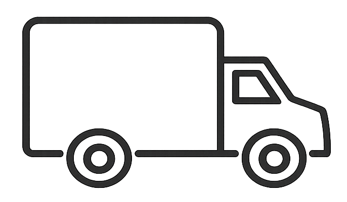 Black line drawing of a delivery truck on a white background